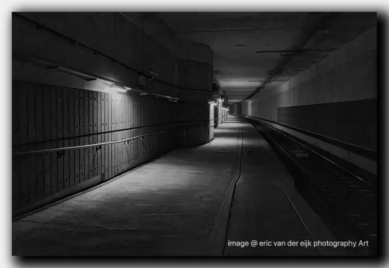 zwart wit van een Ondergronds treinspoor omgeving van delft